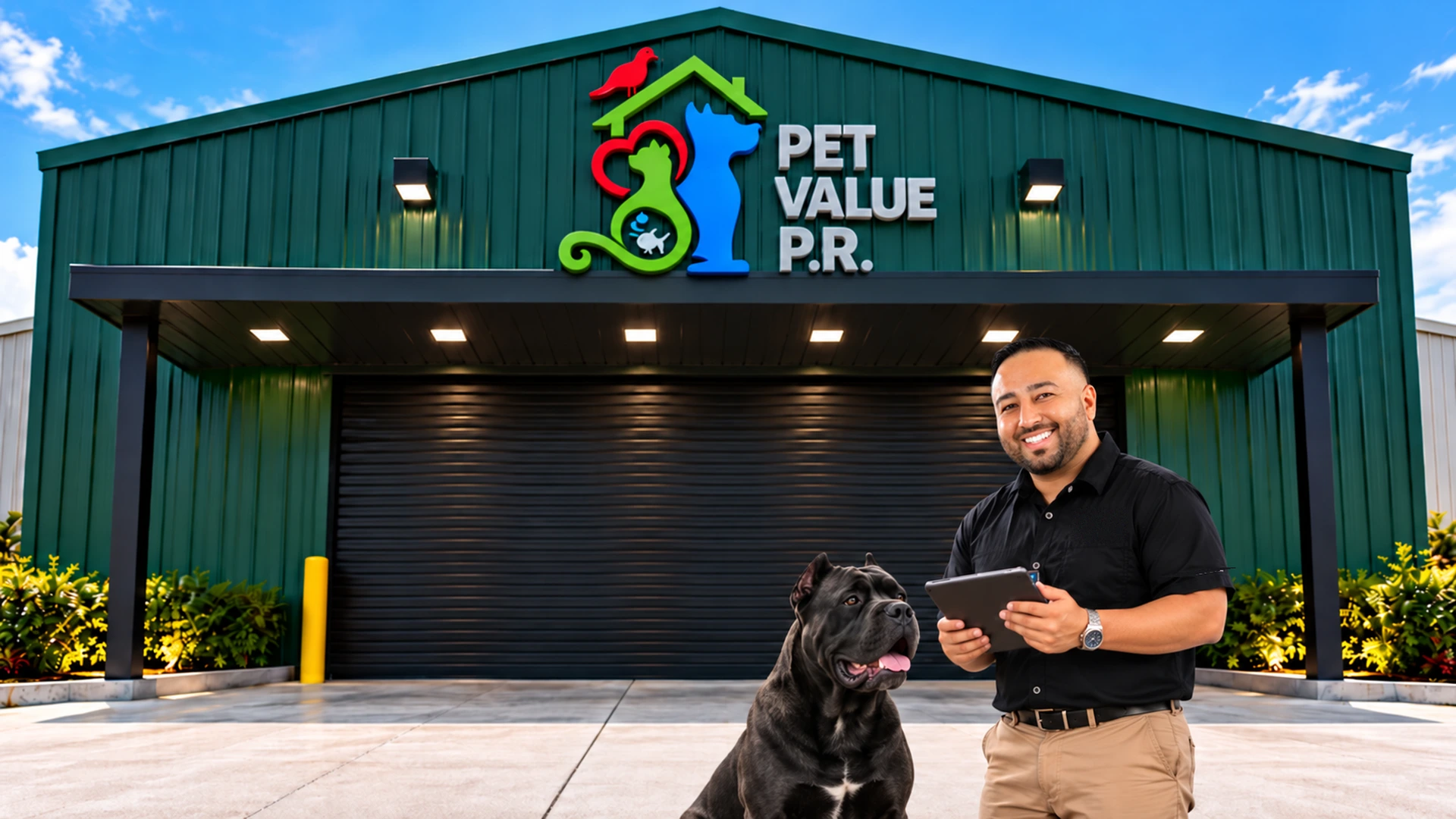 Fachada del almacén Pet Value P.R. con representante y perro negro